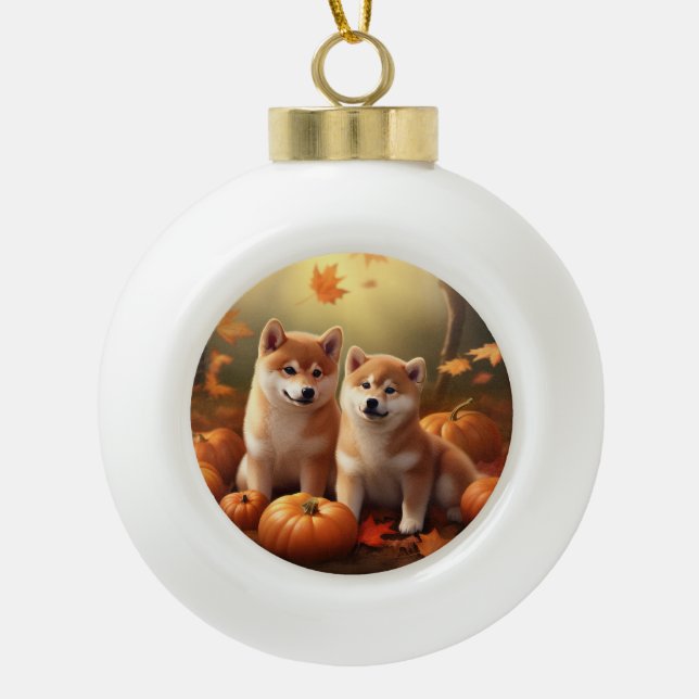 Shiba Inu Puppy Autumn Delight Pumpkin Ceramic Ball Christmas Ornament (Front)