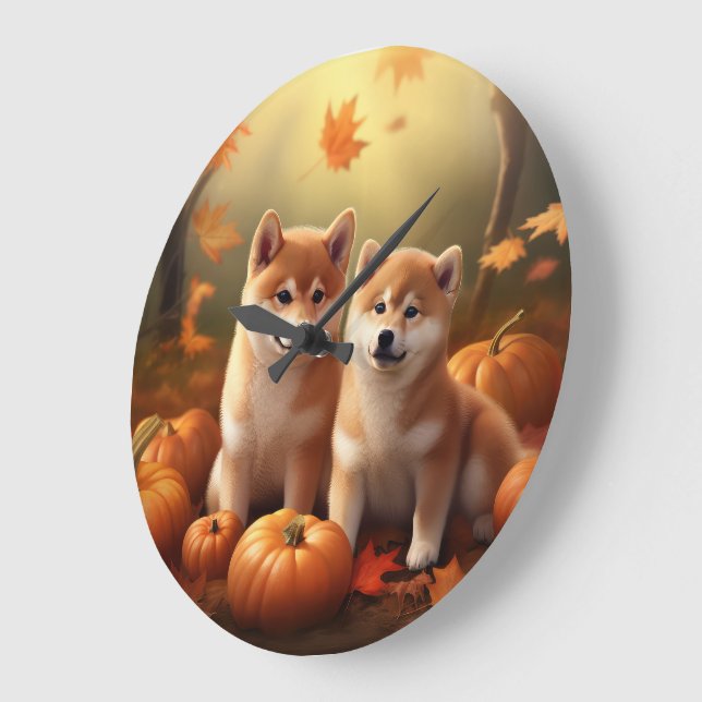 Shiba Inu Puppy Autumn Delight Pumpkin Large Clock (Angle)