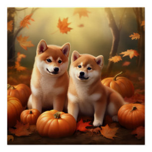 Shiba Inu Puppy Autumn Delight Pumpkin Poster