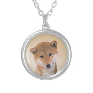 Shiba Inu (Red) Painting - Original Dog Art Silver Plated Necklace