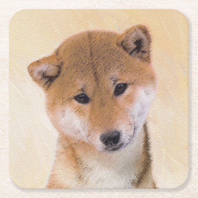 Shiba Inu (Red) Painting - Original Dog Art Square Paper Coaster (Front)