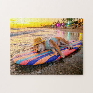 Shiba Inu Relaxing on Sunset Surfboard Jigsaw Puzzle