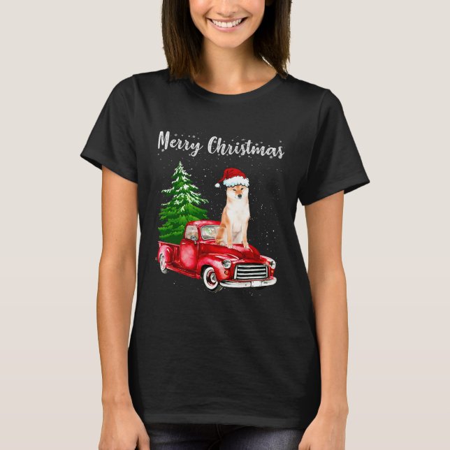 Shiba Inu Riding Red Truck Merry Christmas Dog Lov T-Shirt (Front)