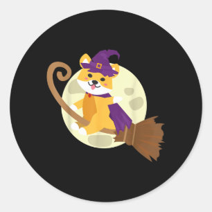 Shiba Inu Riding Witch Broom Cute Dog Halloween Classic Round Sticker