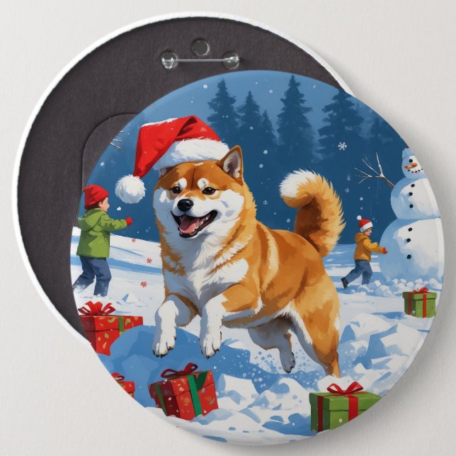 Shiba Inu Running in Snow with Christmas Hat 6 Cm Round Badge (Front & Back)