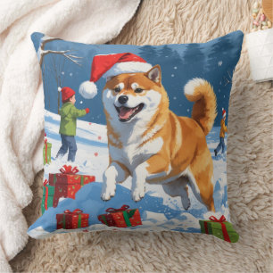 Shiba Inu Running in Snow with Christmas Hat Cushion