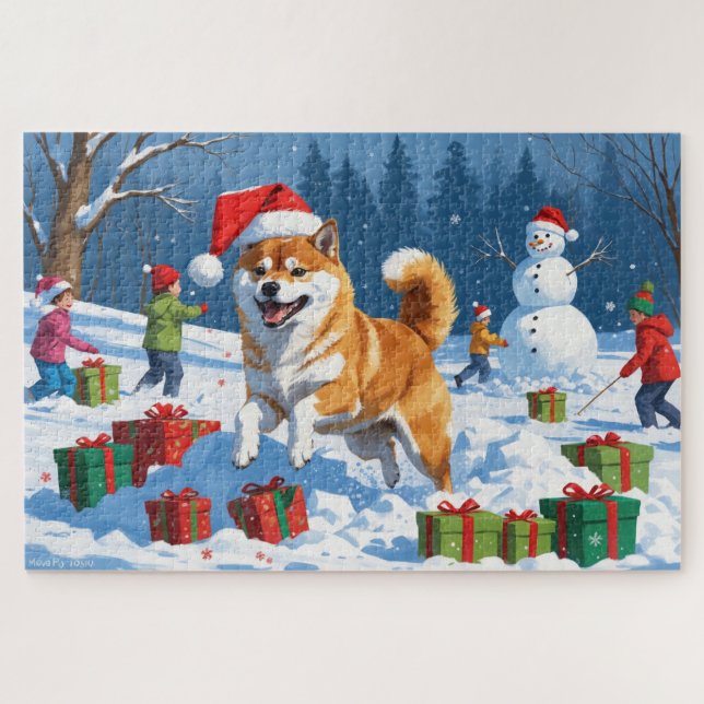 Shiba Inu Running in Snow with Christmas Hat Jigsaw Puzzle (Horizontal)