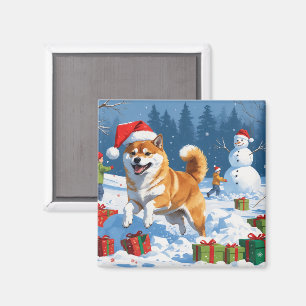 Shiba Inu Running in Snow with Christmas Hat Magnet