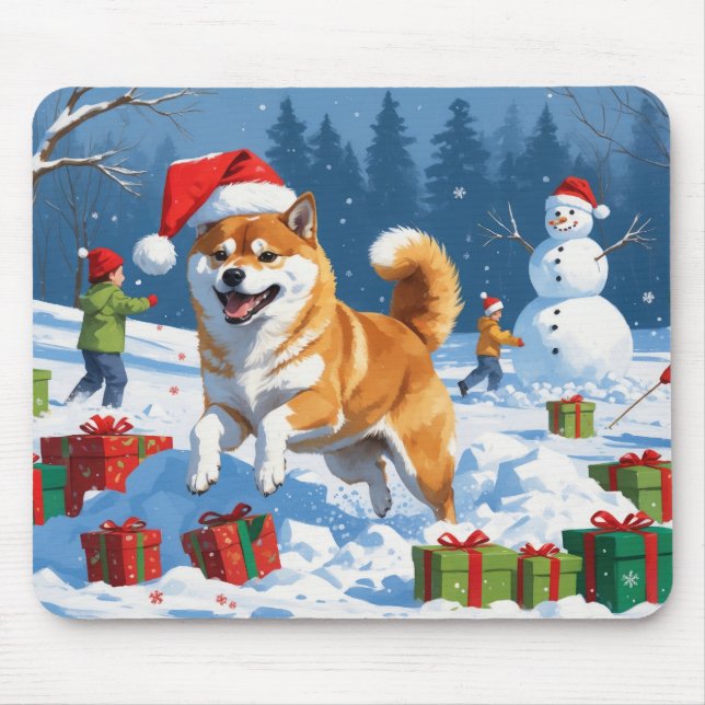 Shiba Inu Running in Snow with Christmas Hat Mouse Pad (Front)