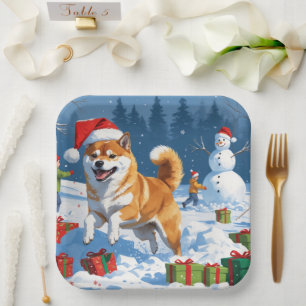 Shiba Inu Running in Snow with Christmas Hat Paper Plate