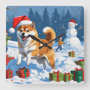 Shiba Inu Running in Snow with Christmas Hat Square Wall Clock