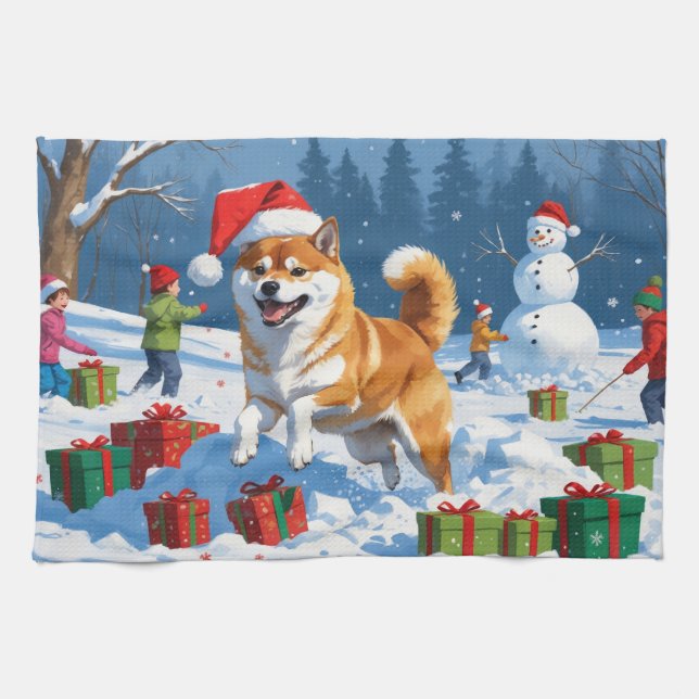 Shiba Inu Running in Snow with Christmas Hat Tea Towel (Horizontal)