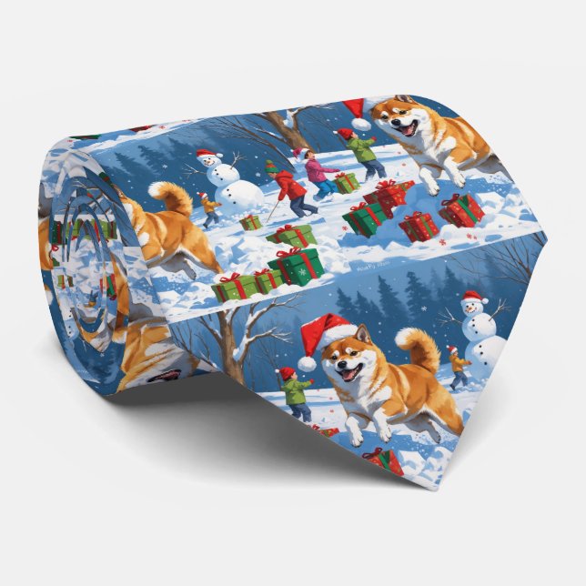 Shiba Inu Running in Snow with Christmas Hat Tie (Rolled)