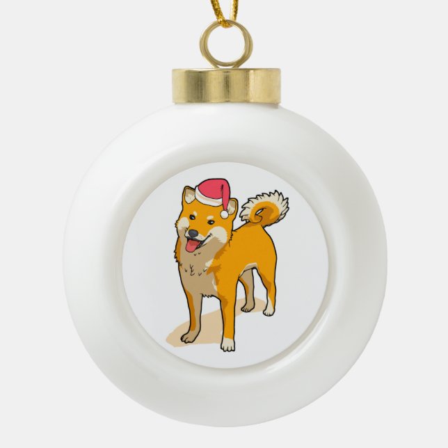 Shiba Inu Santa Claus Dog Christmas Ceramic Ball Christmas Ornament (Front)