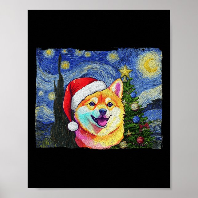 Shiba Inu Santa Hat Christmas Starry Night Art Dog Poster (Front)