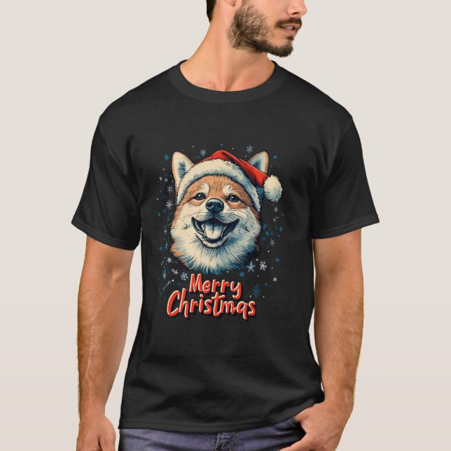 Shiba Inu Santa Hat Merry Christmas Xmas Dog Lover T-Shirt (Front)