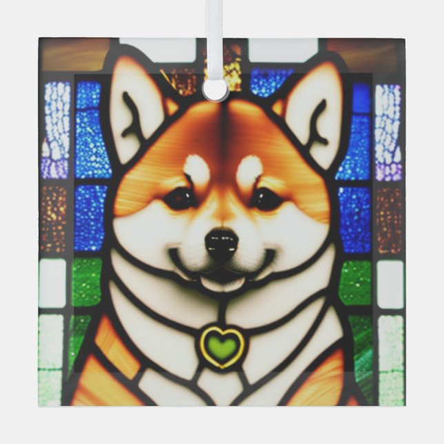 Shiba Inu "Stained Glass"  Glass Tree Decoration (Front)