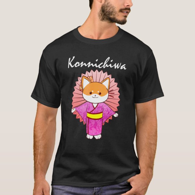 Shiba Inu Uni Dog Konnichiwa Kimono Flower Dress   T-Shirt (Front)