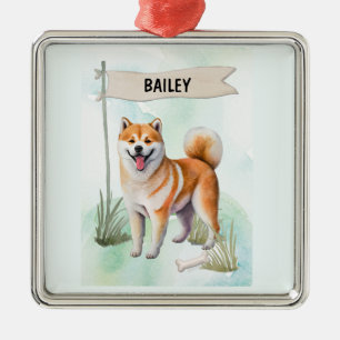 Shiba Inu Watercolor Personalised Dog Metal Ornament