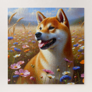 Shiba Inu Wildflower Field Oil Painting Jigsaw Puzzle