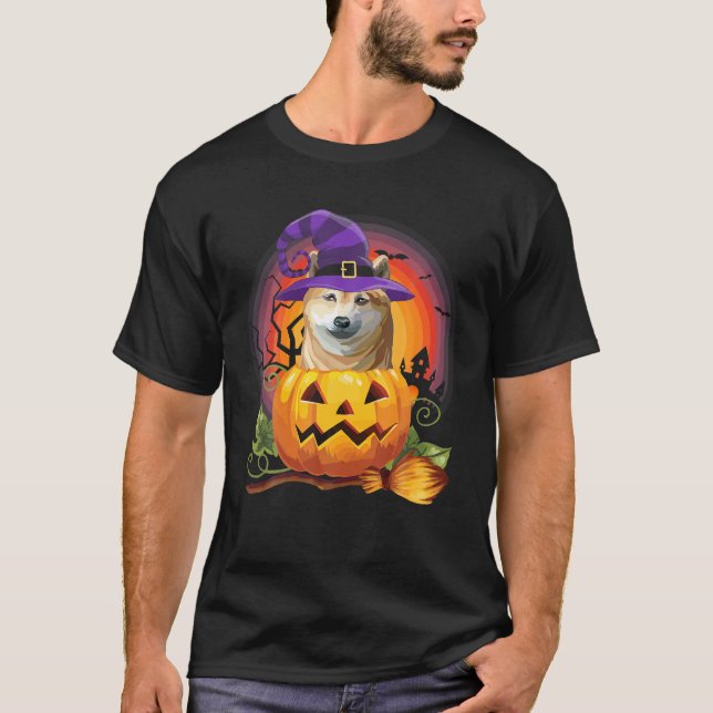 Shiba Inu Witch Pumpkin Halloween Dog Lover T-Shirt (Front)