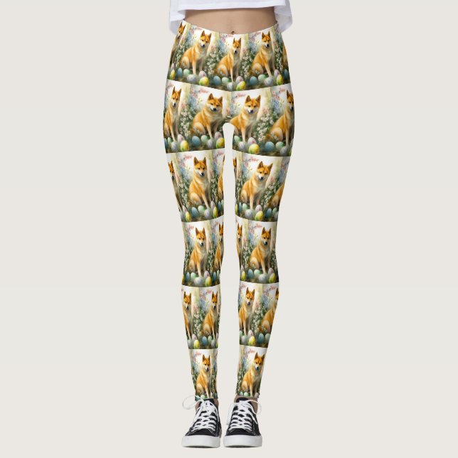 Shiba Inu with Easter Eggs Holiday  Leggings (Front)