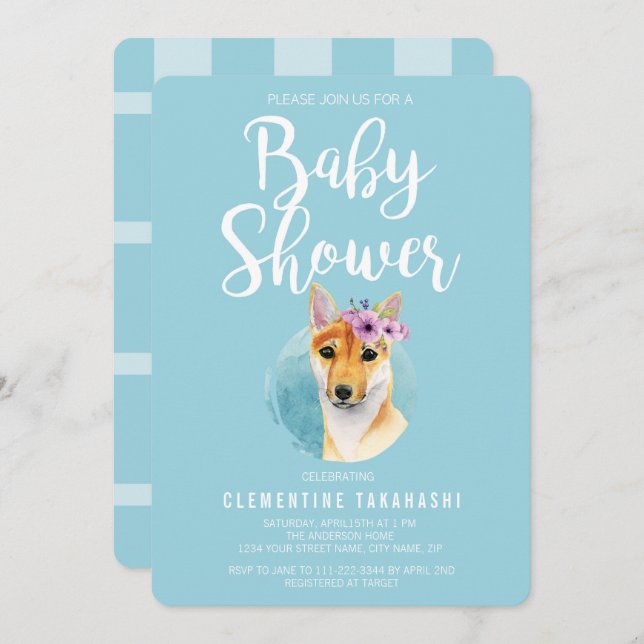 Shiba Inu with Flower Crown | Baby Shower Blue Invitation (Front/Back)