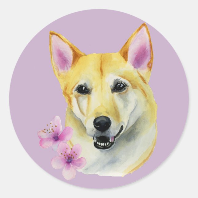 Shiba Inu with Sakura Painting | Dog Art Classic Round Sticker (Front)