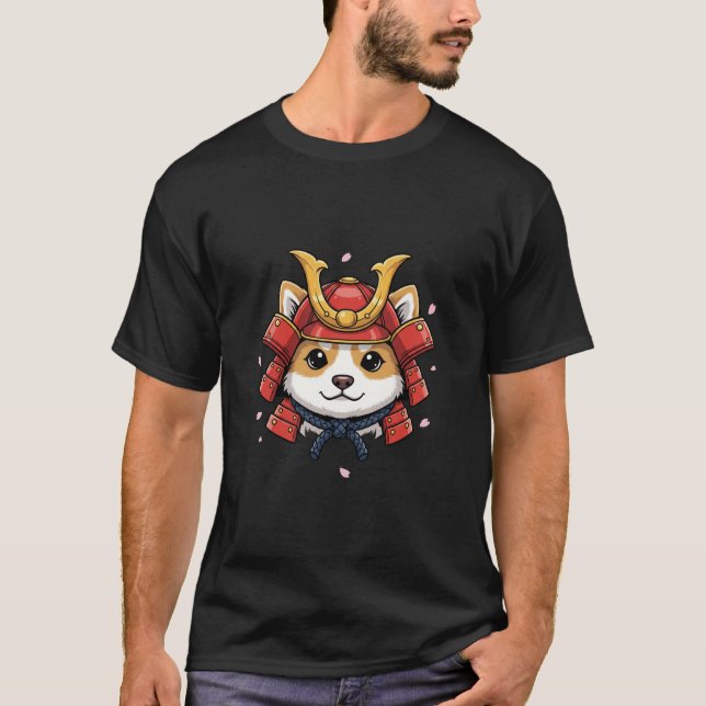 shiba samurai face, japanese warrior armor T-Shirt (Front)