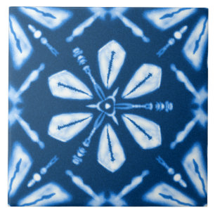 Shibori Blue Star Flower Ceramic Tile