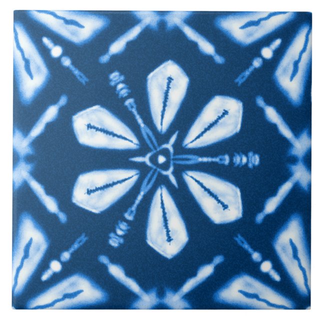 Shibori Blue Star Flower Ceramic Tile (Front)