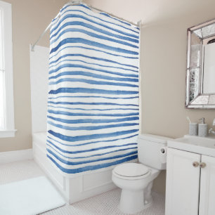 Shibori blue & white watercolor horizontal stripe shower curtain
