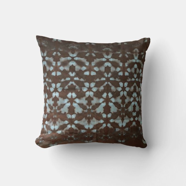 Shibori Fabric Boho Brown Blue Tie DyeThrow Pillow (Front)