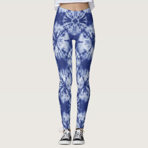 Shibori Indigo Blue Tie Dye Abstract Twist Pattern Leggings