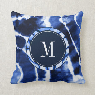 Shibori Indigo Blue Tie Dye Watercolor Monogram Cushion
