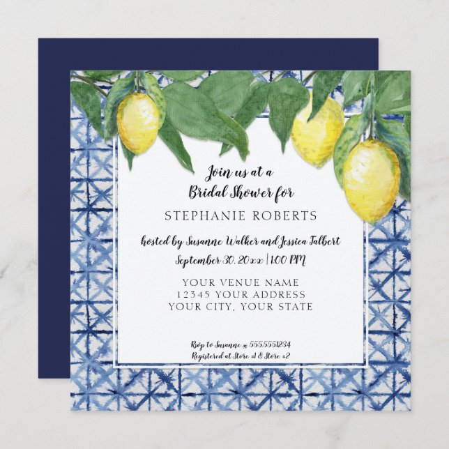 Shibori Navy n White w Lemon Citrus Bridal Shower Invitation (Front/Back)