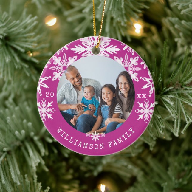 Shibori Snowflakes Tie Dye Magenta Family Photo Ceramic Ornament (Tree)