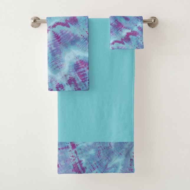 Shibori Tie Dye Blue Purple Boho Bath Towel Set (Insitu)