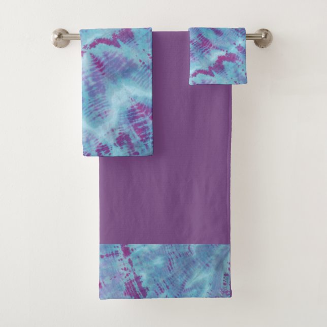 Shibori Tie Dye Blue Purple Boho Bath Towel Set (Insitu)