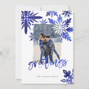 Shibori Tie Dye Indigo Blue Snowflakes Photo Holiday Card