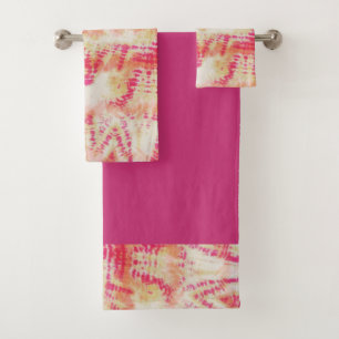 Shibori Tie Dye Pink Orange Boho Bath Towel Set