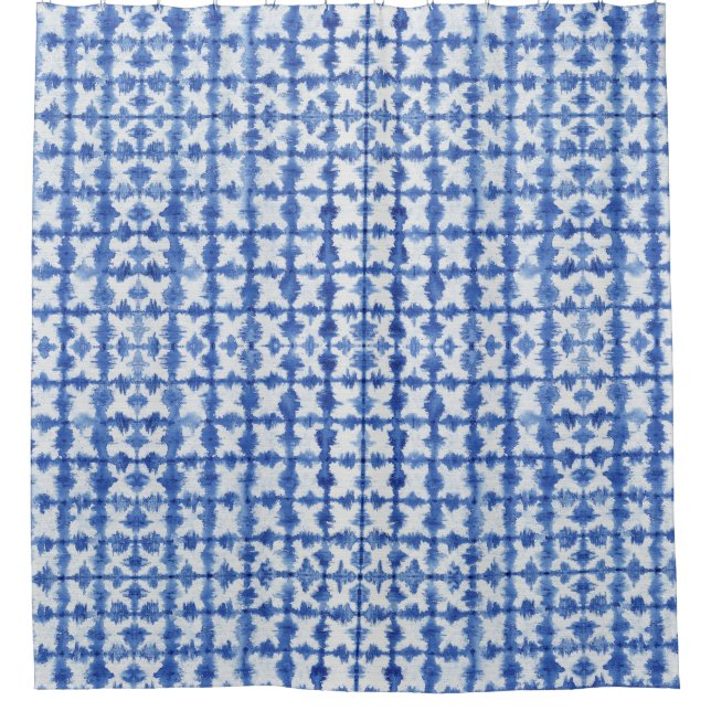 Shibori Tie Dyed Indigo Blue n White X Pattern Shower Curtain (Front)