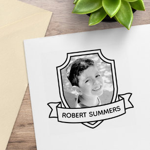 Shield and Ribbon Custom Name and Photo Rubber Stamp
