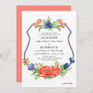 Shield Floral Watercolor Summer Coral Mum Thistle Invitation