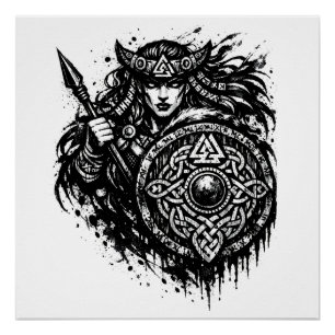 Shield Maiden Spear‑Sigil – Mythic Warrior Ink Poster