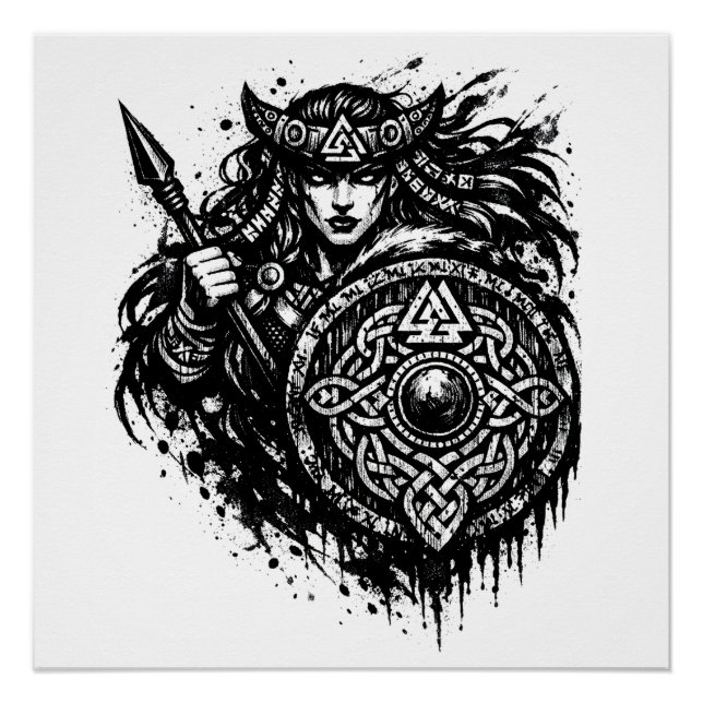 Shield Maiden Spear‑Sigil – Mythic Warrior Ink Poster (Front)