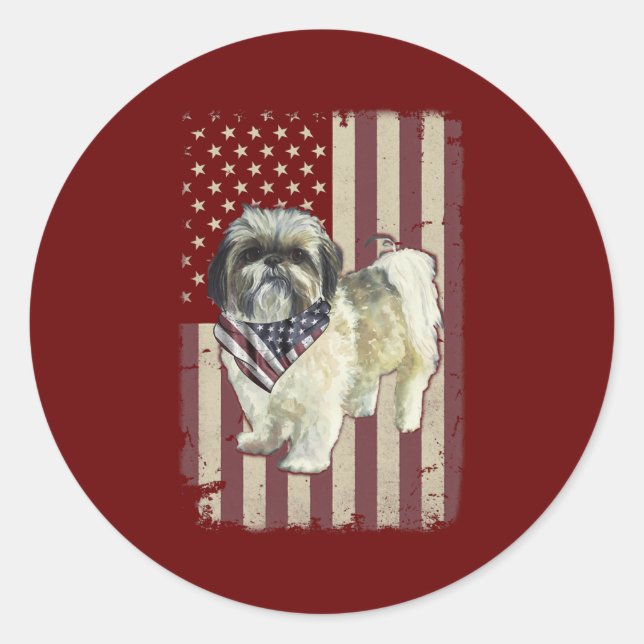 Shih Tzu American Flag Bandana Patriotic 4th Of Classic Round Sticker (Front)