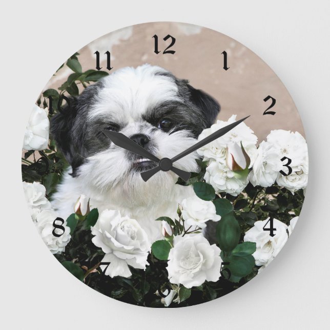Shih Tzu and roses Large Clock (Front)