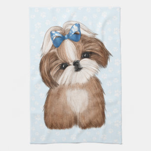 Shih Tzu Blue Bow Tea Towel