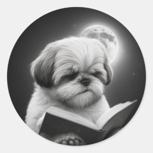 Shih Tzu Book Reading Classic Round Sticker